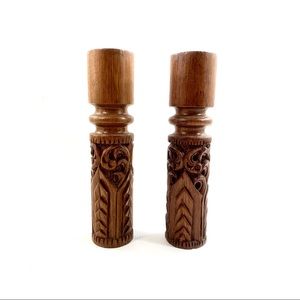 Vintage Tiki Teak Wood Candle Stick Holders